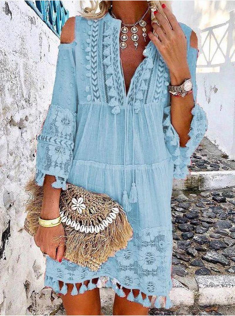 Damen Boho-Tunika mit Spitzendetails und offenen Schultern Drune