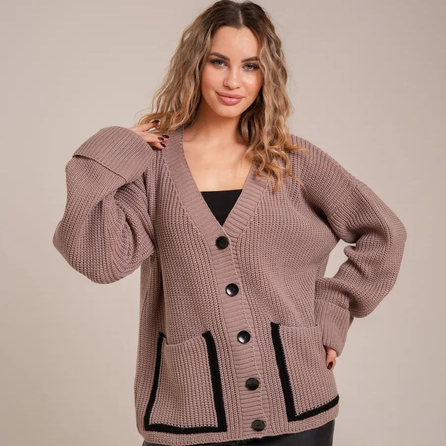Damen gemütlicher Strickcardigan mit großen Taschen und dekorativen Knopfdetails Drune