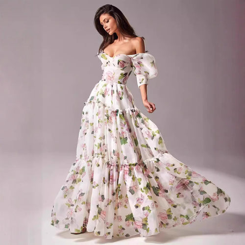 Damen Elegantes Maxikleid mit schulterfreien Rüschenärmeln und floralen Akzenten Drune