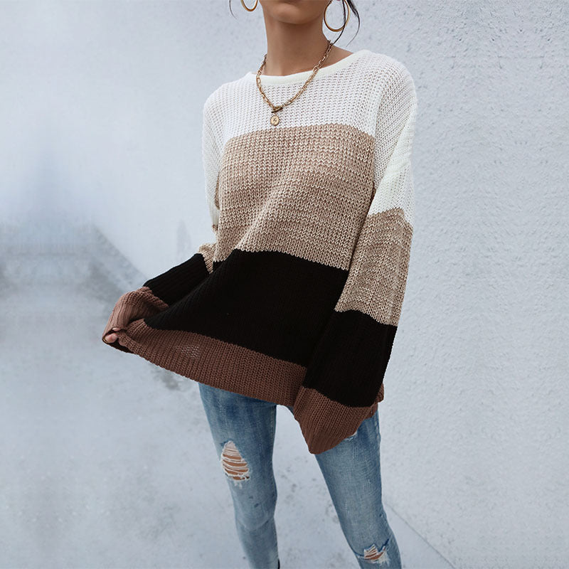 Damen lässiger Strickpullover mit modischem Streifenmuster Drune