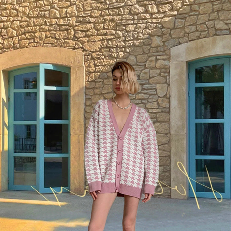 Damen Modische Strickjacke im Hahnentrittmuster Drune