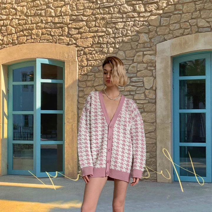 Damen Modische Strickjacke im Hahnentrittmuster Drune