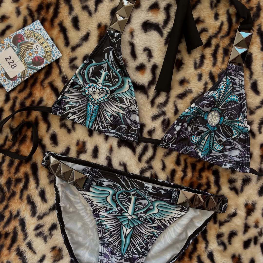 Damen Triangel-Bikini mit floralem Muster und Strass-Applikationen Drune