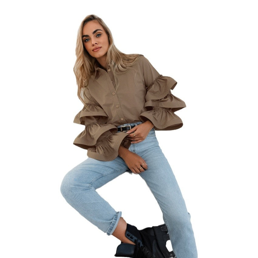 Damen Bluse mit voluminösen Rüschenärmeln Drune