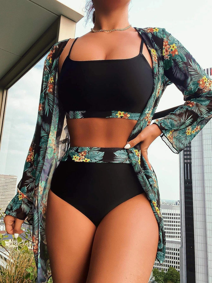 Damen Bikini-Set mit hochgeschnittenem Höschen und floralem Kimono Drune