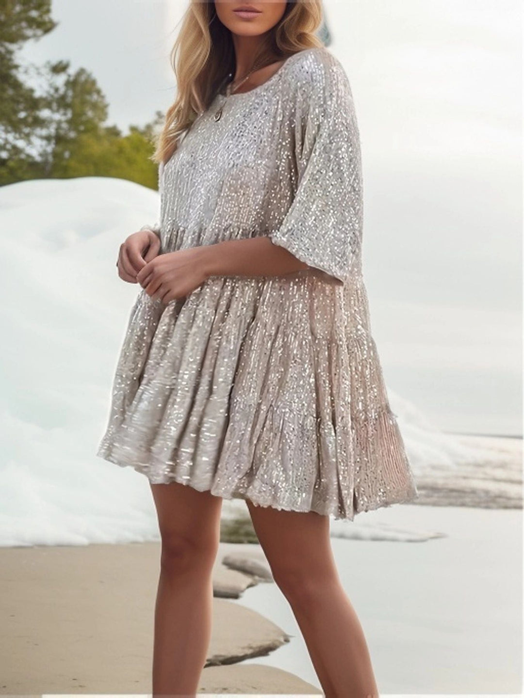 Damen funkelndes Mini-Kleid mit Pailletten und weitem Schnitt Drune