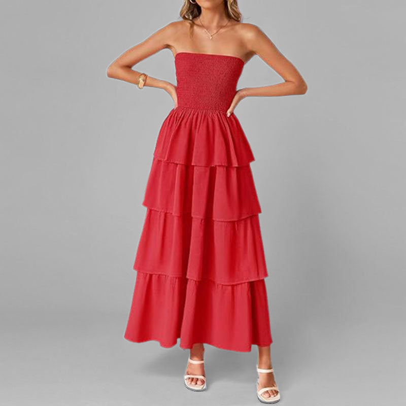 Damen Maxikleid mit schulterfreiem Design und voluminösen Rüschenschichten Drune