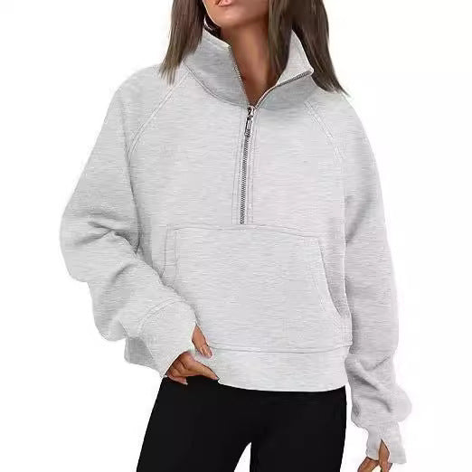 Damen nan kurzer Halfzip-Sweater mit hohem Stehkragen, Kängurutasche und verlängerten Daumenlöchern Drune