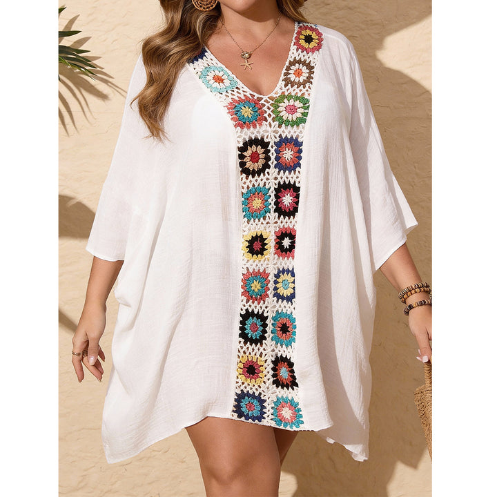 Damen Strandkaftan mit bunten Häkelelementen und V-Ausschnitt Drune