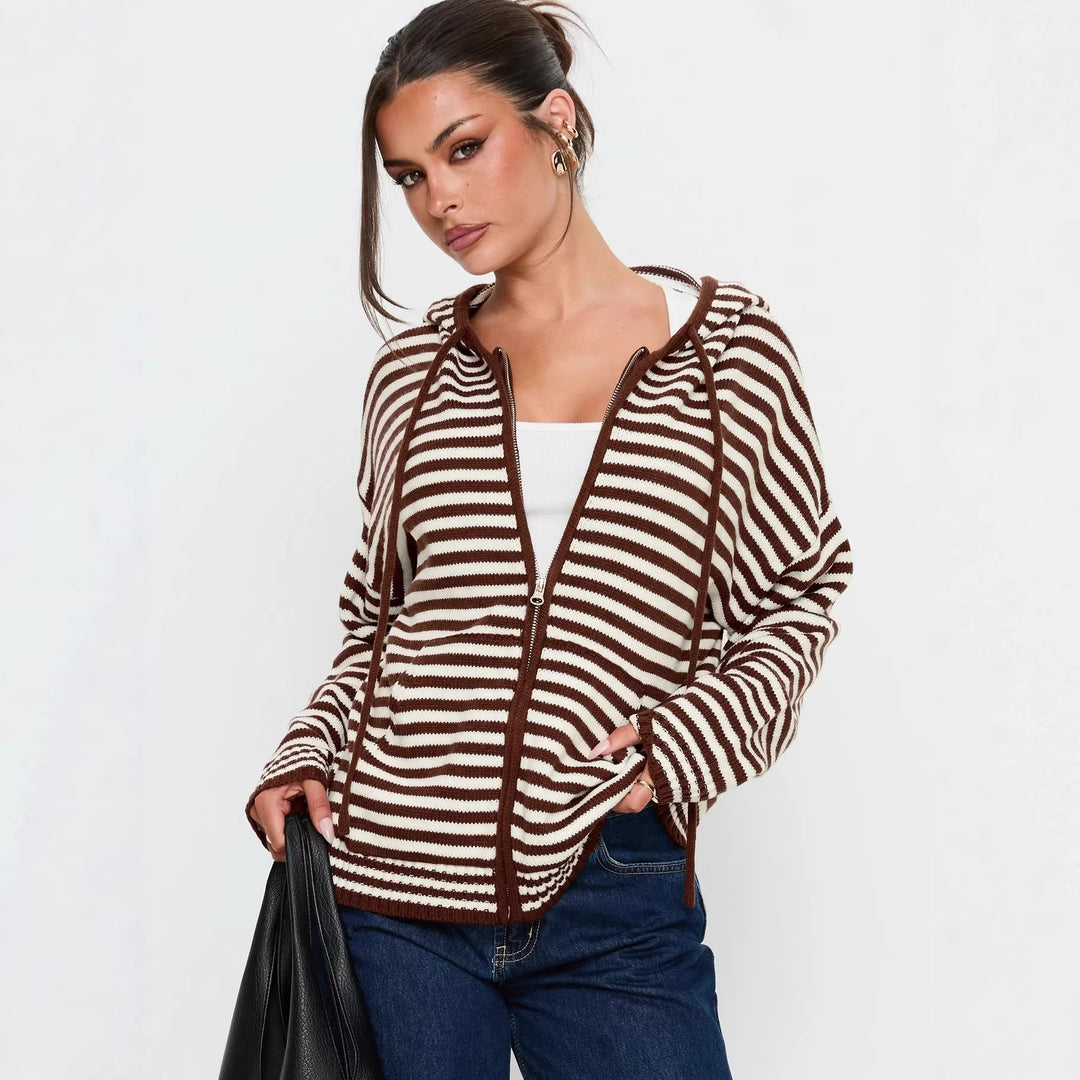Damen lässige gestreifte Strickjacke mit durchgehendem Reißverschluss Drune