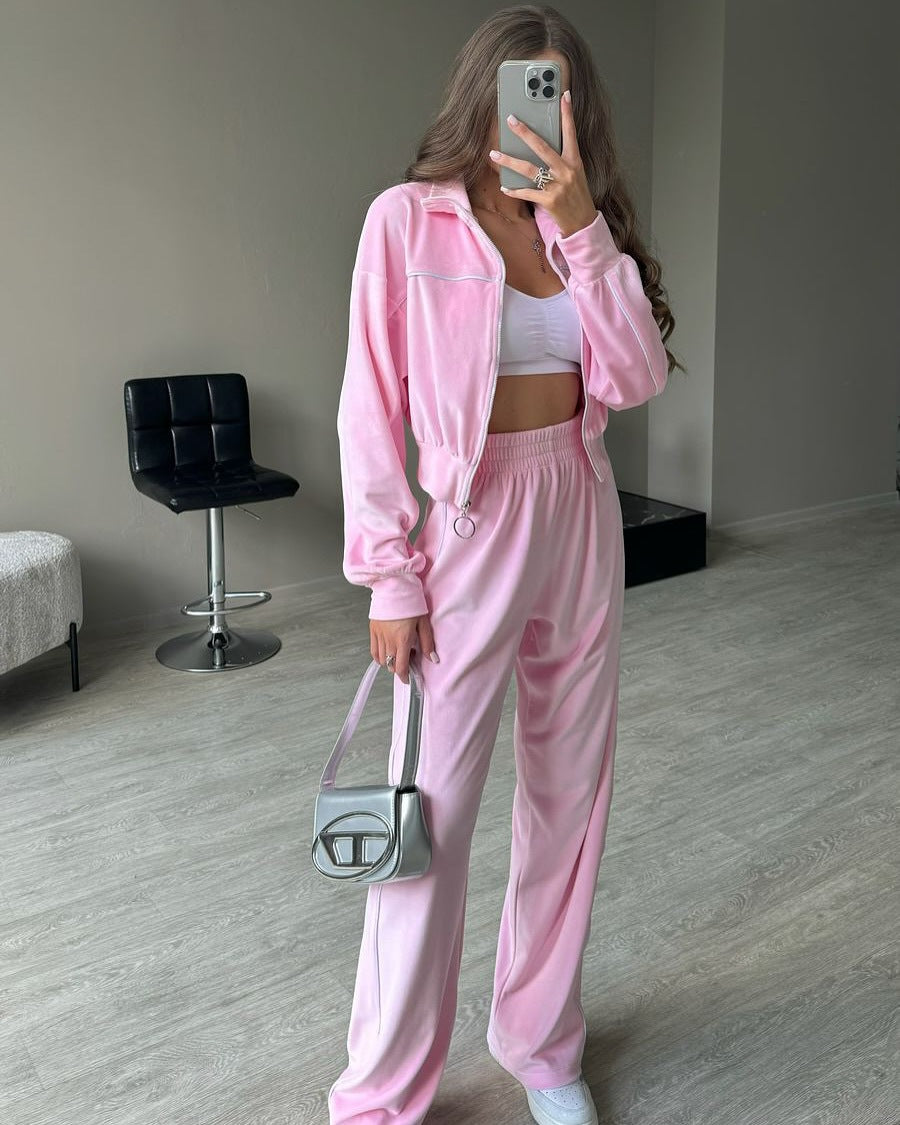 Damen Sportliches Velours-Joggingset mit hohem Kragen und Reißverschluss Drune