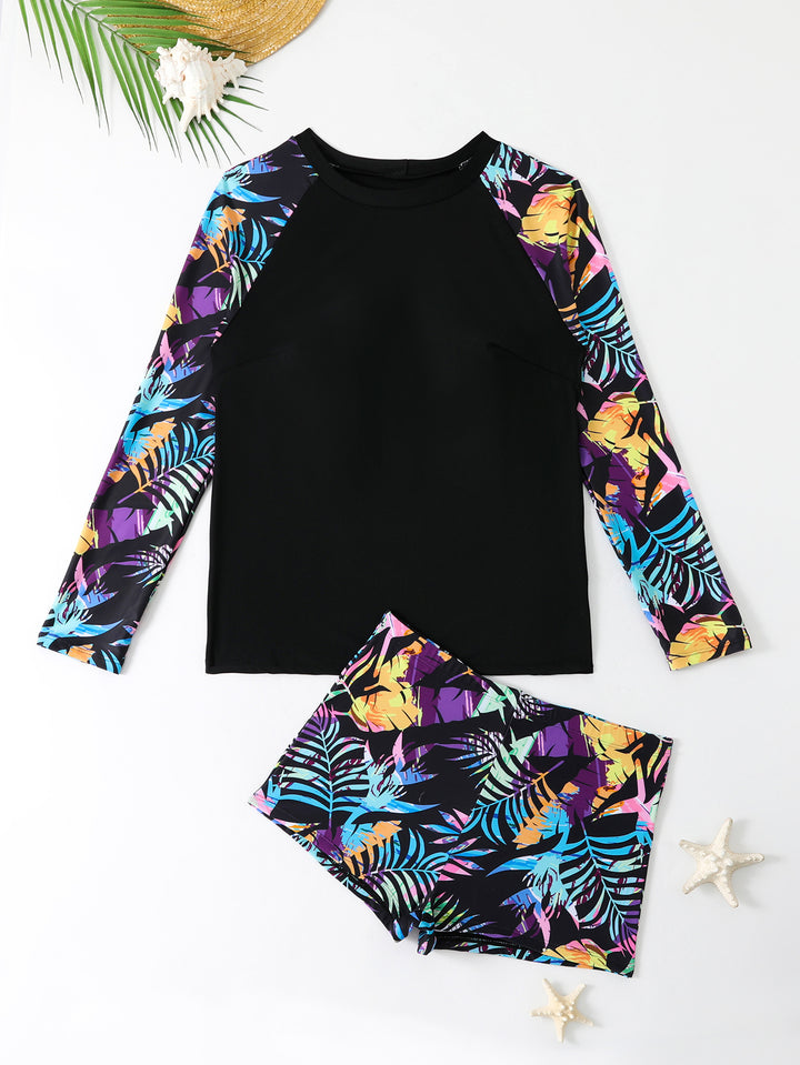 Damen Sportlicher Langarm-Badeanzug mit floralem Muster Drune