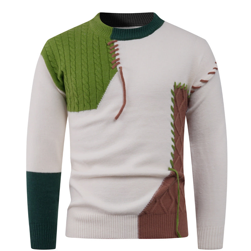 Herren nan Patchwork-Strickpullover mit Zopfstrick-Einsätzen und dekorativen Nahtapplikationen Drune