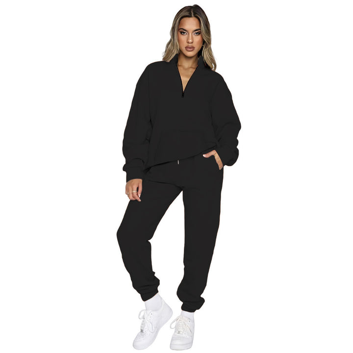 Damen nan French‑Terry Relax‑Loungewear‑Set mit halbem Reißverschluss, Kängurutasche und taillierter, schmal zulaufender Jogginghose Drune