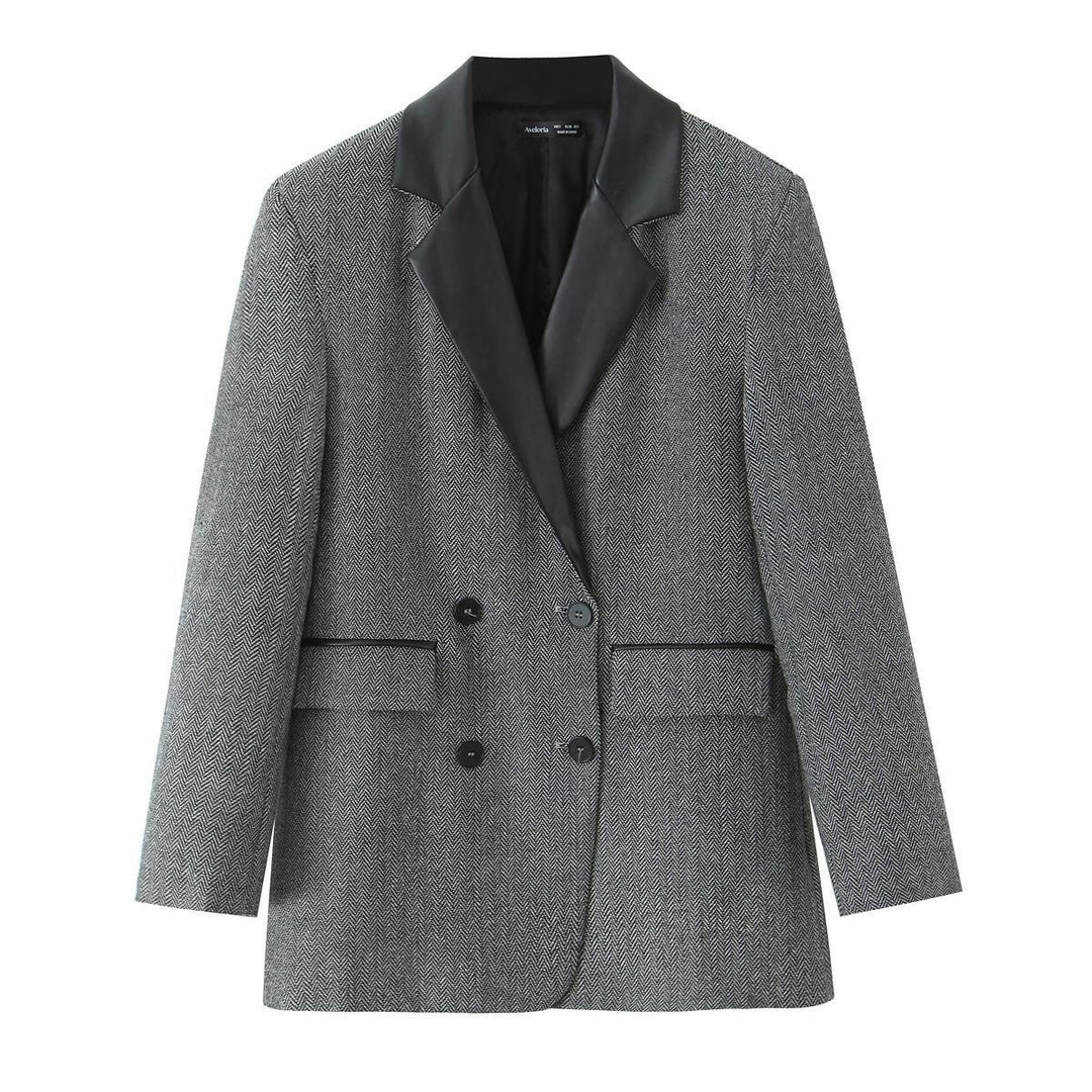 Damen modischer Blazer mit elegantem Houndstooth-Muster und weichem Kragen Drune