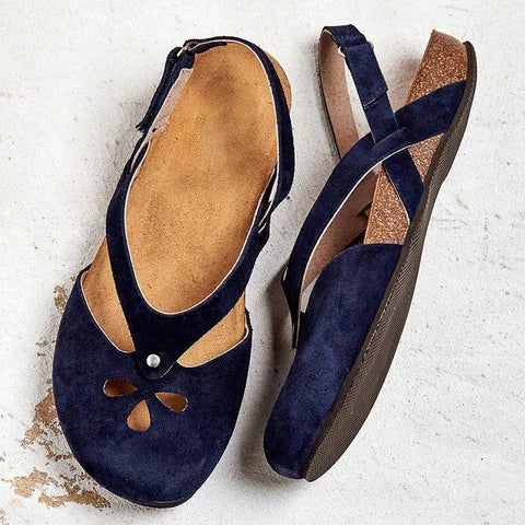 Damen nan geschlossene Slingback-Sandale aus Veloursleder mit ergonomischem Kork-Fußbett und dekorativen Loch-Aussparungen Drune