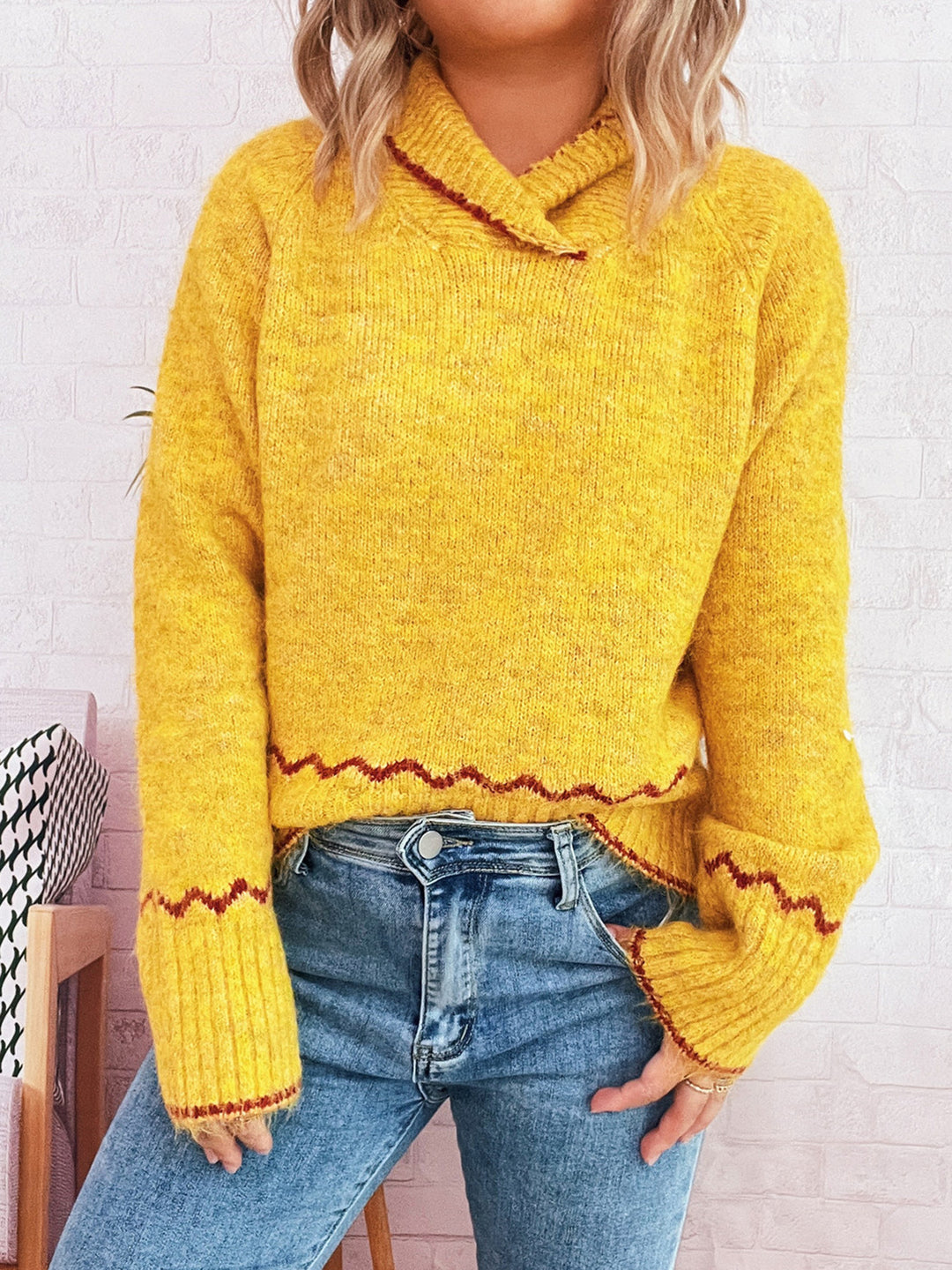 Damen lässiger Strickpullover mit modischem Kragen und fransigen Akzenten Drune