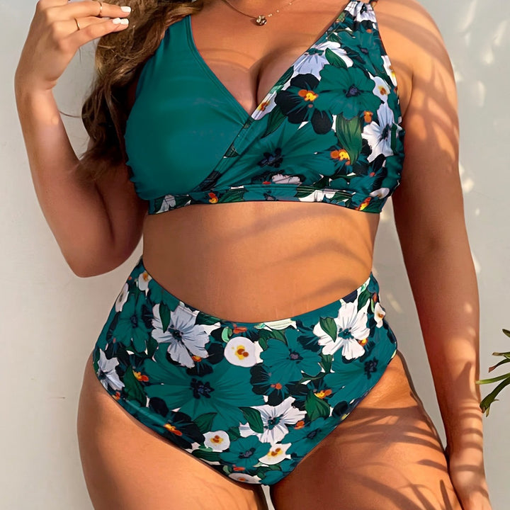 Damen Hochgeschnittener Bikini mit Wickeldesign und floralem Muster Drune