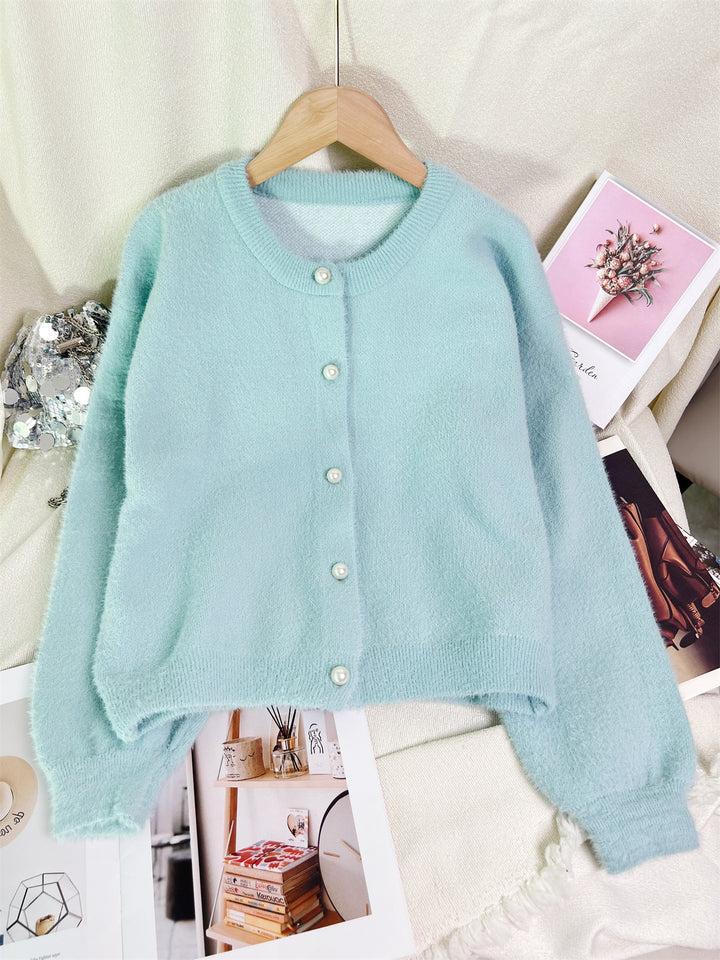 Damen kuschelige Strickjacke mit perlbesetzten Knöpfen und modernem Schnitt Drune
