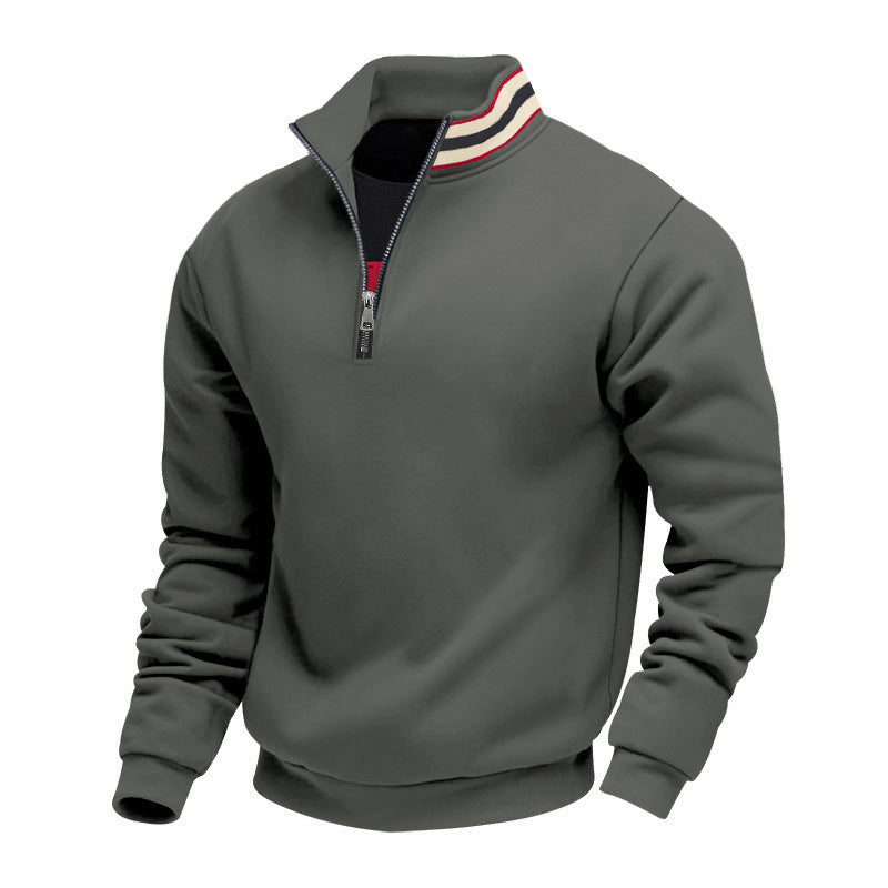 Herren nan Stehkragen-Halbzip-Sweatshirt aus Baumwollfleece mit Kontraststreifen am Kragen und gerippten Bündchen Drune