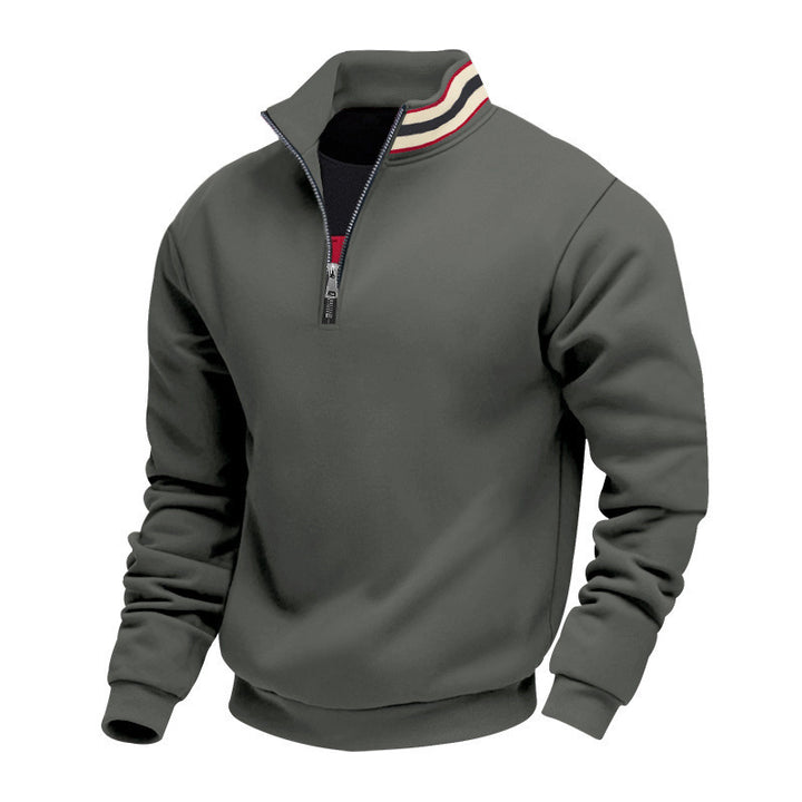 Herren nan Stehkragen-Halbzip-Sweatshirt aus Baumwollfleece mit Kontraststreifen am Kragen und gerippten Bündchen Drune