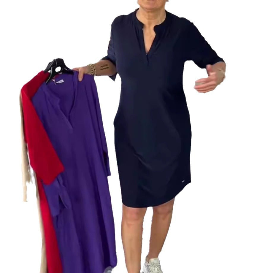 Damen nan knielanges legeres Jerseykleid mit Stehkragen und V-Ausschnitt Drune