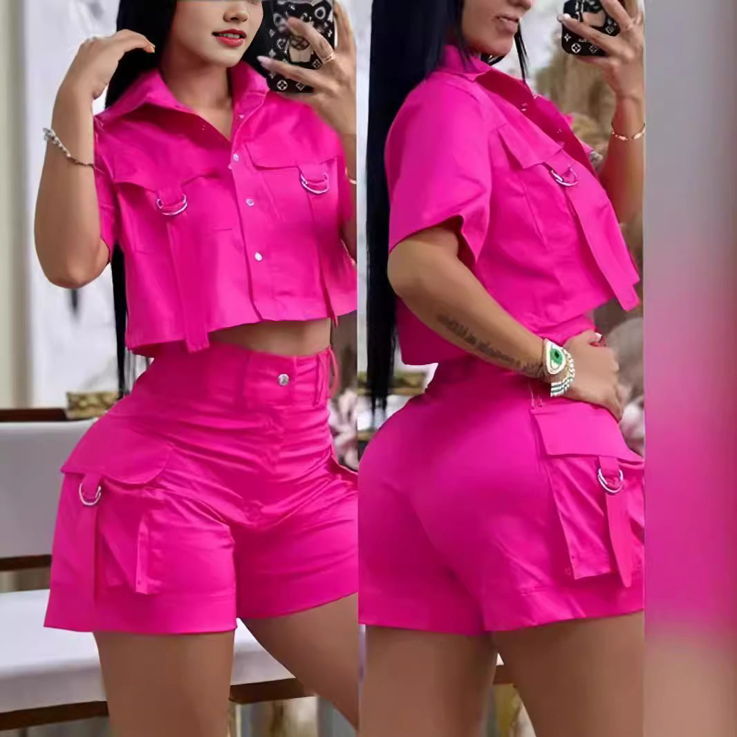 Damen Modisches Zweiteiliges Set mit cropped Oberteil und praktischen Cargo-Shorts Drune