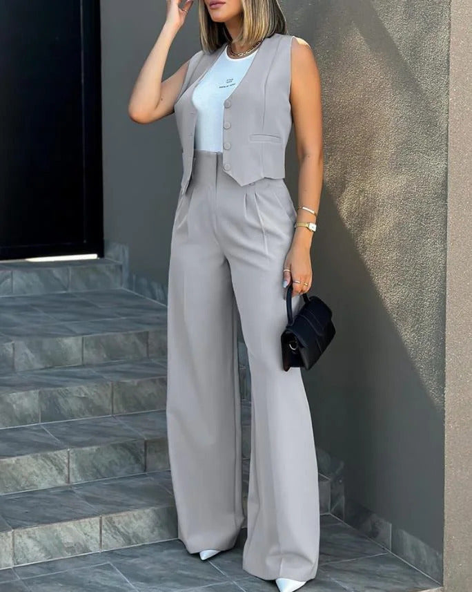 Damen Elegantes Hosenanzug-Set aus hochwertigem Stoff mit tailliertem Blazer und weitem Bein Drune