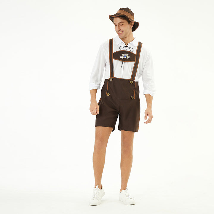 Herren nan Oktoberfest-Kurzlederhose mit verstellbaren Trägern, Zierknöpfen und besticktem Brustlatz Drune