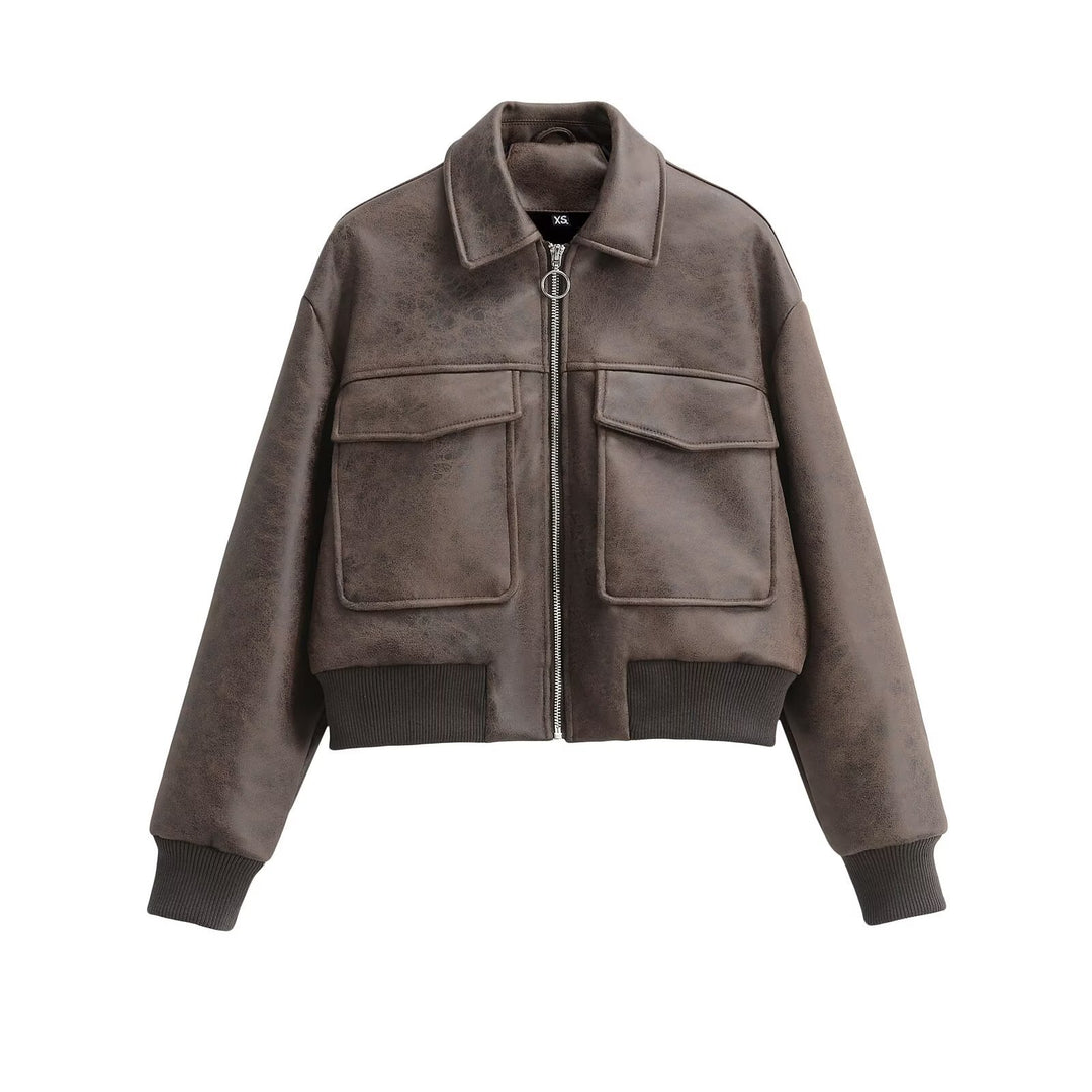Damen cropped Kunstlederjacke mit aufgesetzten Taschen Drune