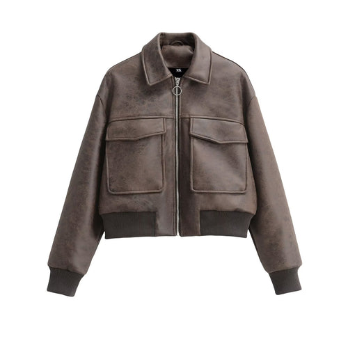 Damen cropped Kunstlederjacke mit aufgesetzten Taschen Drune