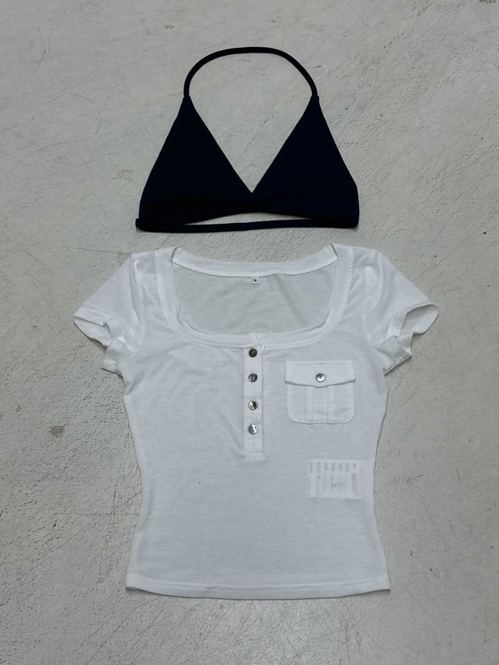 Damen Kurzarmbluse mit angesagtem Henley-Design und praktischer Brusttasche Drune