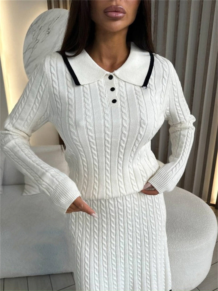 Damen Strickkleid mit Polo-Kragen und hochwertiger Zopfmuster-Oberfläche Drune