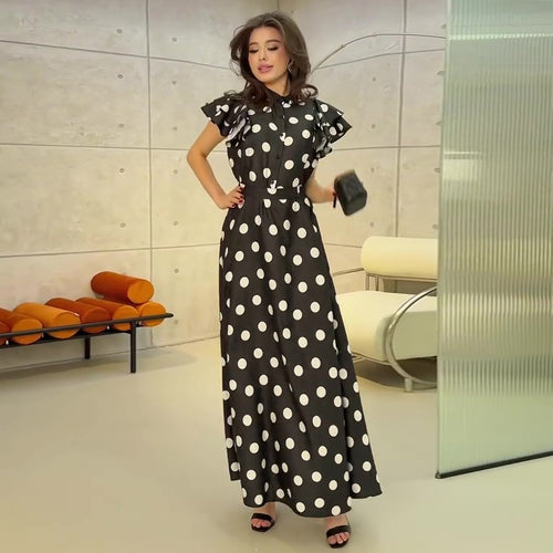 Damen Maxikleid mit voluminösen Rüschendetails und polka-dot Muster Drune