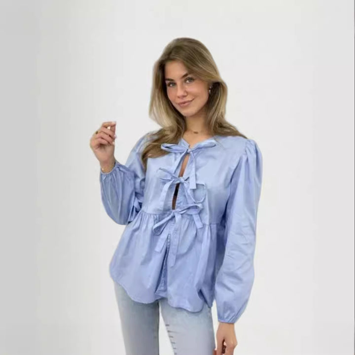 Damen Bluse mit Volantärmeln und Schleifenband Drune