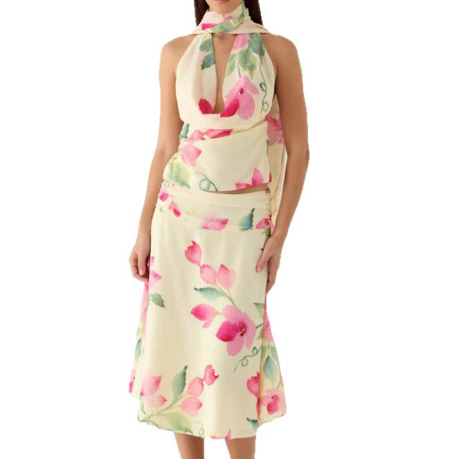 Damen Elegantes Chiffon-Top mit floralem Halsband und tiefem Ausschnitt Drune