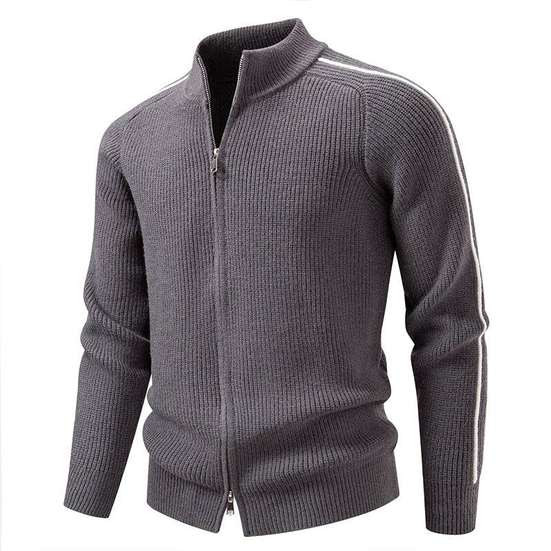 Herren nan Reißverschluss-Strickjacke mit Stehkragen, strukturierter Rippenoptik und kontraststreifen Drune