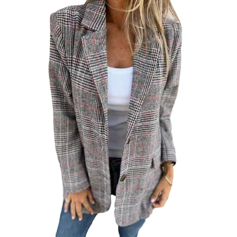 Damen nan oversized Karoblazer mit Reverskragen und aufgesetzten Taschen Drune