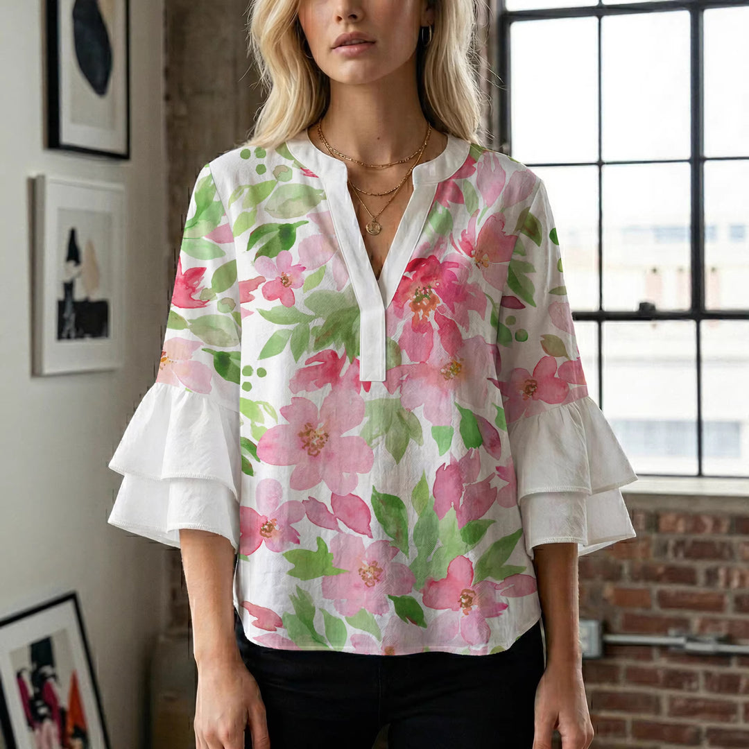 Damen Bluse mit voluminösen Rüschenärmeln und floralem Druck Drune