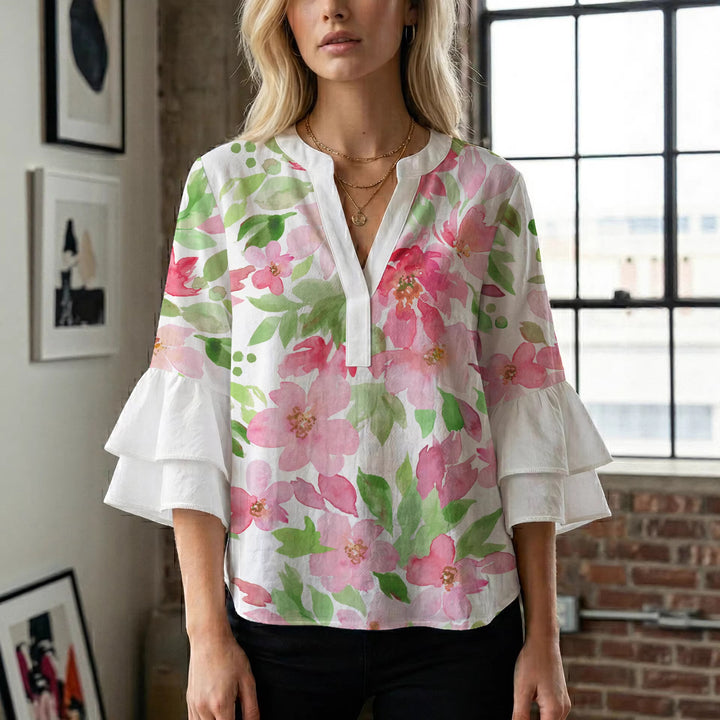 Damen Bluse mit voluminösen Rüschenärmeln und floralem Druck Drune