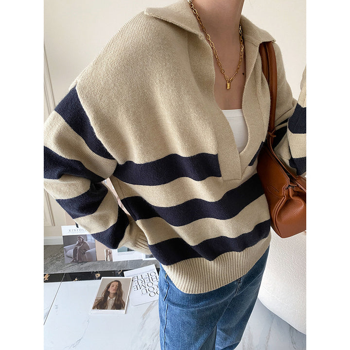 Damen lässiger Strickpullover mit V-Ausschnitt und asymmetrischem Streifenmuster Drune