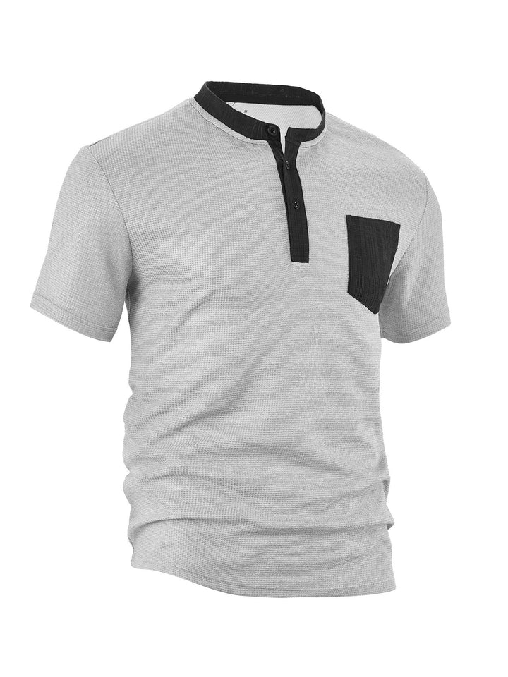 Herren nan atmungsaktives Waffel-Henleyshirt mit Stehkragen kurzer Knopfleiste und aufgesetzter Brusttasche Drune