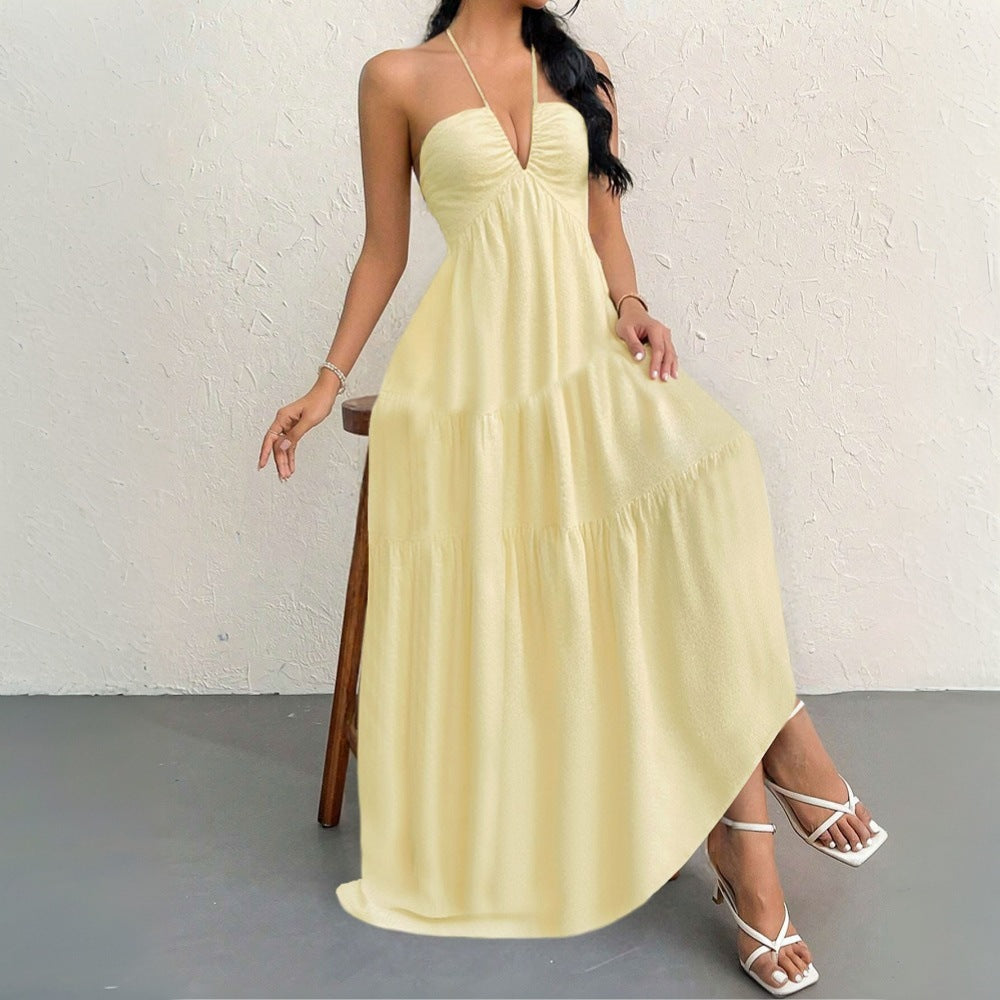 Damen Maxikleid mit tiefem V-Ausschnitt und Volants Drune