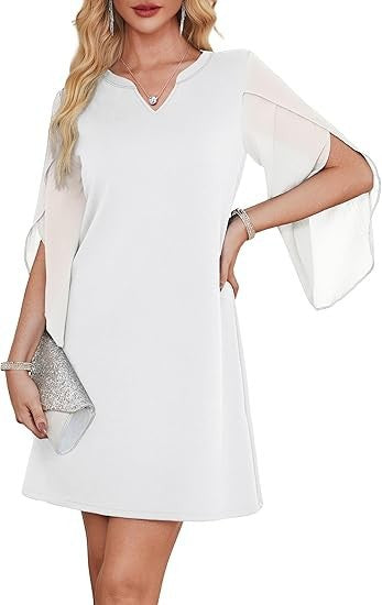 Damen V-Ausschnitt Kleid mit transparenten Ärmeln Drune