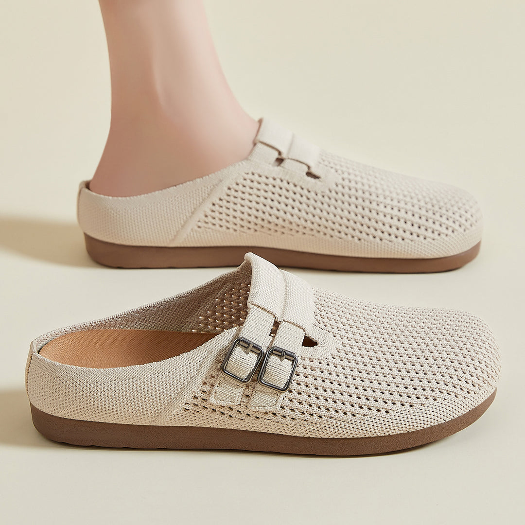 Damen nan gestrickter Clog-Mule mit doppelter Metallschnalle, atmungsaktivem 3D-Strickoberteil und ergonomischem Memory-Fußbett Drune