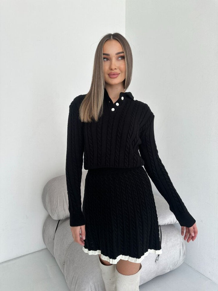Damen nan Kabelstrick-Set mit Polo-Kragen und ausgestelltem A-Linien-Rock Drune