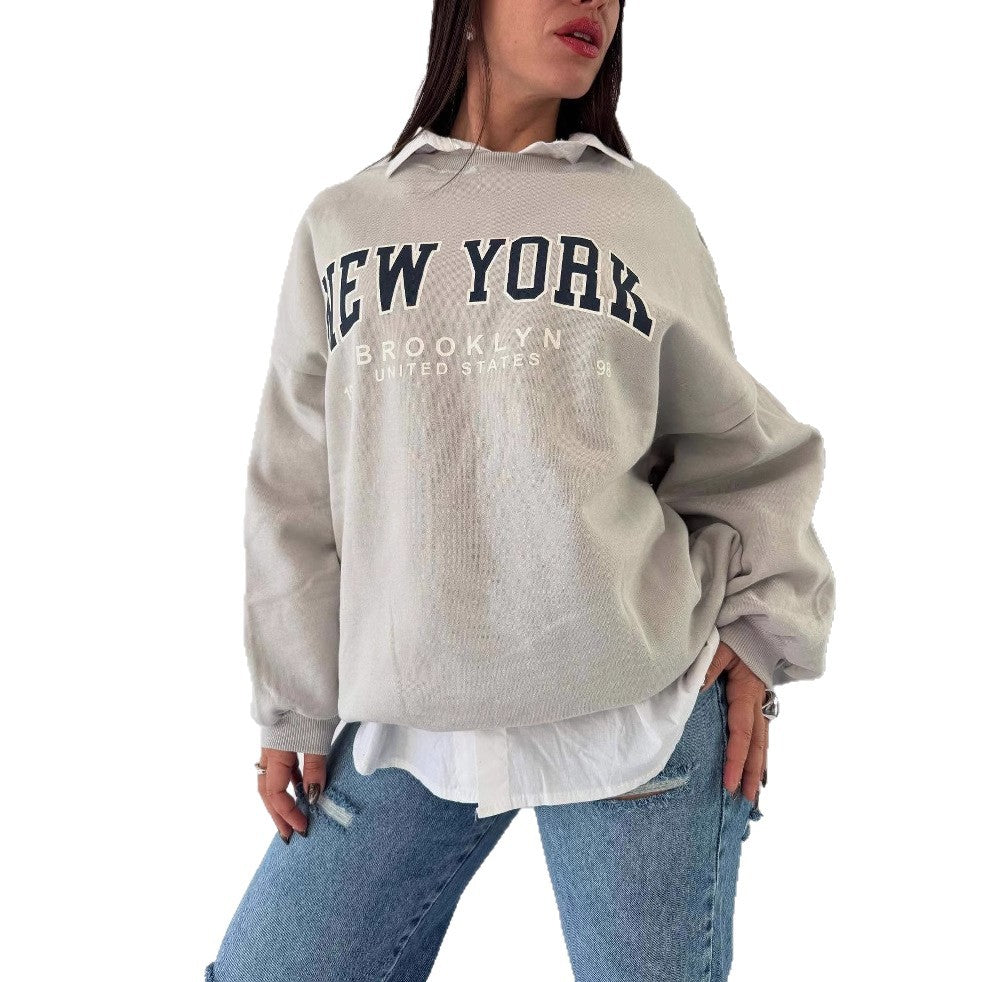 Damen lässiger Sweatshirt mit kreativem New York Print und oversized Schnitt Drune