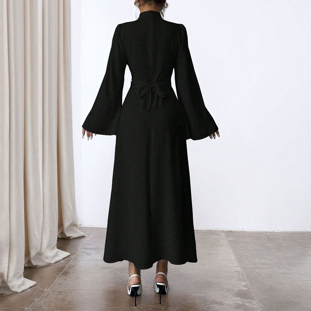 Damen Elegantes Maxikleid mit schwingenden Ärmeln und Hohem Kragen Drune
