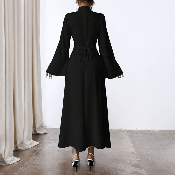 Damen Elegantes Maxikleid mit schwingenden Ärmeln und Hohem Kragen Drune