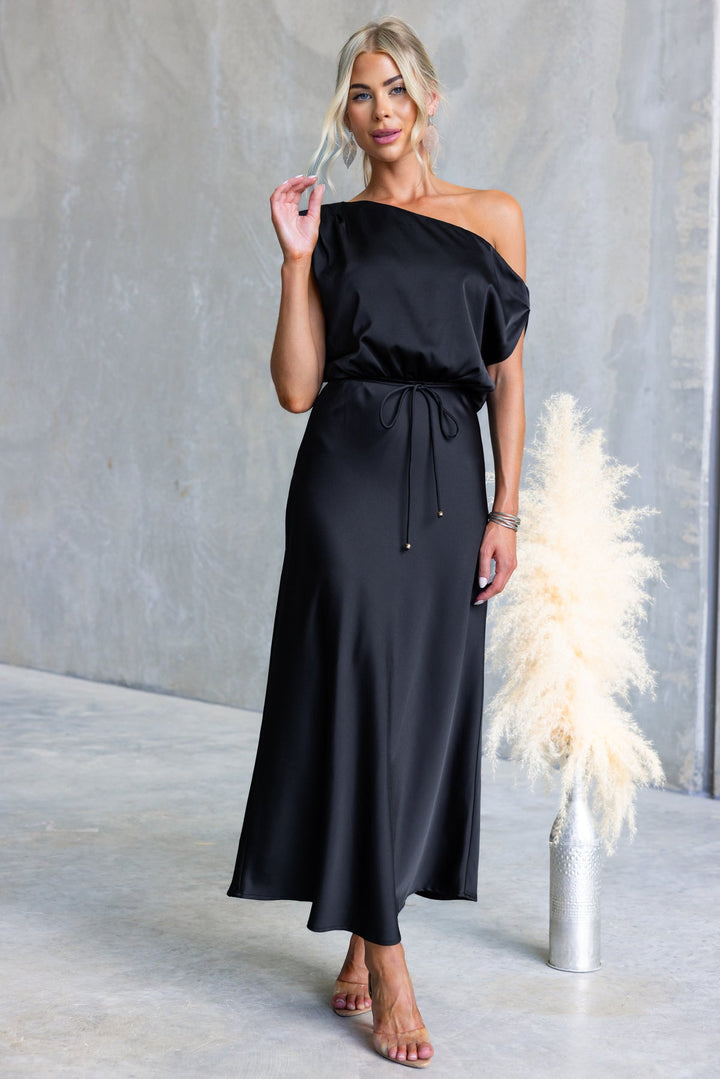 Damen Maxi-Kleid mit schulterfreiem Design und elastischem Taillenbund Drune